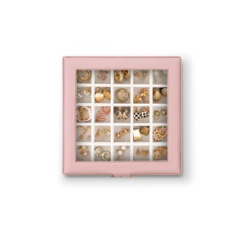 Glenor Co Earring Organizer - Classic 50 Section Jewelry Box/Case/Holder for Earrings, Rings, Necklaces, Cufflinks or Collections -2 Layer Small Compartments with Large Glass Top - Soft Pink