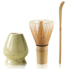 Matcha Tea Set Bamboo Matcha Whisk, Ceramic Whisk Holder, Tea Scoop, Japanese Matcha Tea Tool Kit Set of 3(Matcha Green)