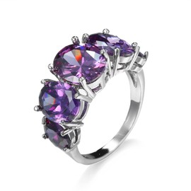 Vsoruln Vintage 925 Sterling Silver Purple Amethyst 5-Stone Women's Ring Promise Zircon CZ Ring Simulated Birthstone Filled Size 6-10 (6)