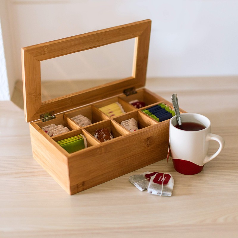 Relaxdays Bamboo Box with 8 Compartments Bag Caddy Wooden with