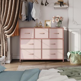WLIVE 7 Drawer Dresser TV Stand, Entertainment Center, Media Console Table with Metal Frame and Wood Top for TV up to 45 inch, Chest of Drawers for Bedroom, Living Room, Pink