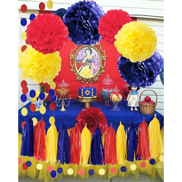 Snow White Birthday Party Decorations Qian's Party Yellow Navy Red Snow White Princess Colombian Decorations Red and Royal Blue Birthday Backdrop/Transportation Birthday Decor