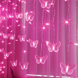 Decorman Butterfly Curtain Lights, 13ft 96 LED USB Window Fairy Lights 16 Butterflies 8 Modes Firefly Twinkle Timer String Lights with Remote for Room Bedroom Wall Ceiling Party Wedding Christmas