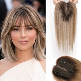 starluck 14 inch Hair Toppers for Women Real Human Hair 4.5"*5" Swiss Lace Base Hand-Tied Hair Topper with Bangs ombre Light Brown Hair Topper for Women with Tinning Hair Add Volume