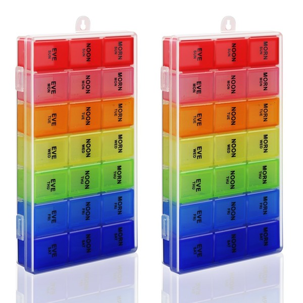 Rainbow Weekly Pill Organizer with Snap Lids| 7-Day AM/PM | Detachable Compartments for Pills, Vitamin. (Rainbow 2pcs)