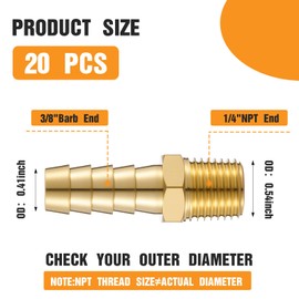 Otoolling 20 Pack 1/4" Npt to 3/8" Hose Barb Fittings, Brass Air Line Repair Connector Kit, 1/4 Inch Npt Male Pipe to 3/8'' Barb, Male Thread Adapter Connector for Compressor, Gas, Auto Shop
