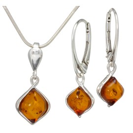 LIGURIUS NATURAL BALTIC AMBER STERLING SILVER 925 NECKLACE & EARRINGS Set Cognac Gemstone For Women & Silver Adjustable CHAIN Snake 45cm - 50 cm, Gift set