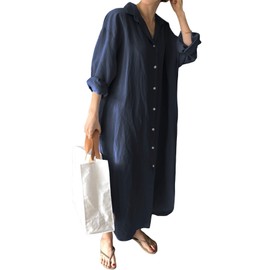 GGUHHU Womens Chic Button Down Rolled-Up Sleeve Long Cotton Blouse Maxi Dress (Small, Navy)