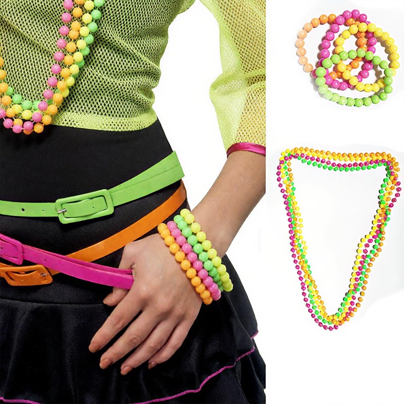 OHEETU 8Pcs 80s Neno Beaded Necklace Bracelet Sets Colorful Plastic