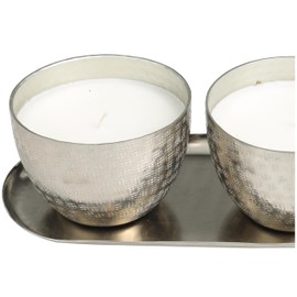 Deco 79 Metal Decorative Candle Campfire Scented Grid Patterned 10 oz 1 Wick Aromatherapy Candle with White Wax, Set of 2 Wax Aromatherapy Candle 10" W, 4" H, Silver