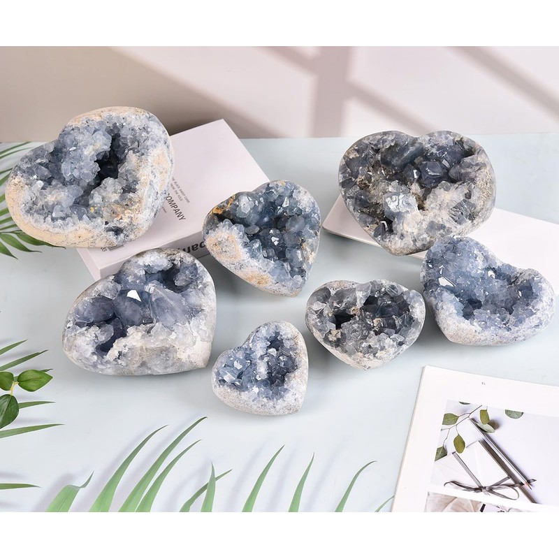 MOGEMT Raw Blue Celestite Crystal Geode Heart Shape Natural Healing