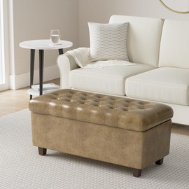HomePop Home Decor | Button Tufted Storage Bench | Ottoman Bench with Storage for Living Room & Bedroom, Distressed Brown Faux Leather