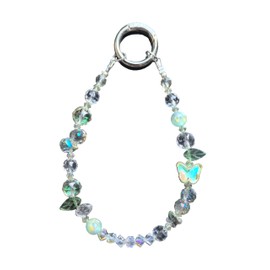 Crystal Beaded Phone Lanyard Chain Cellphone Wrist Strap Bracelet Wristlet, with Butterfly Charm, Iridescent Glass Beads, Mint Green Accents