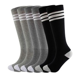 NEVSNEV Calcetines de tubo alto cómodos y transpirables con triple rayas para niños, niñas, niños, bebés y niños, Gris+gris+negro2, 3 Pair 4-6 Years