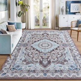 Foxmas 8x10 Area Rugs for Living Room, Machine Washable Vintage Rug, Non-Slip Low Pile Throw Rugs with Rubber Backing Washable Carpet for Bedroom Dining Room Kitchen Home Decor, Brown