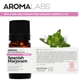 BIO - Spanish Marjoram Essential Oil - 5mL - 100% Pure, Natural, Chemotyped and AB/Cosmos Certified - AROMA LABS (French Brand)