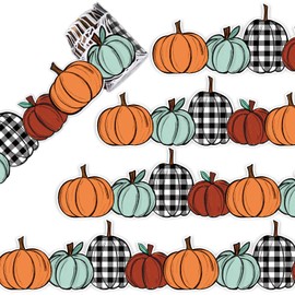 Whaline 32.8ft Fall Bulletin Board Borders Red Orange Plaid Pumpkin Die-Cut Border Trim for Autumn Thanksgiving School Classroom Office Chalkboard Decoration