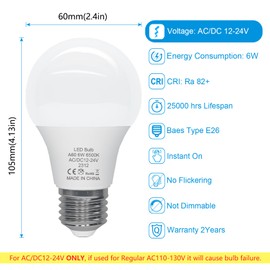 ORALUCE 12V LED Light Bulb Low Voltage,AC/DC 12-24V A19 E26 LED Bulb 60 Watt,6500K Cool White 12 Volt Light Bulb 6W,for Solar Battery System Lighting Marine Boat RV Camping Landscape Garden,6P