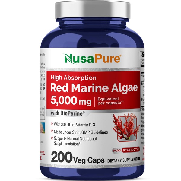 NusaPure Red Marine Algae 5,000mg 200 Veggie Capsules (Non-GMO & Gluten Free) Bioperine