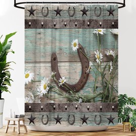 YOZSLGU Rustic Shower Curtain Horseshoe Western Country Daisy Floral Teal Wooden Board Retro Fabric Bathroom Decor Curtains with Hooks