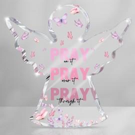 Pink Home Office Desk Accessories, Acrylic Memorial Gift, Dorm Room Decor for Women, Christian Gifts for Women, Remembrance Gifts, Pray Over It- Bible Verse Desk Art(Angel Style)