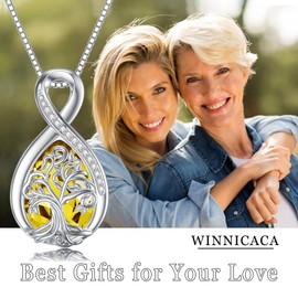 WINNICACA - Collar de árbol de la vida para mujer, plata de ley s925 con piedra natal de citrino genuino de noviembre, colgante infinito para esposa, regalos de Navidad, Plata esterlina, Circón