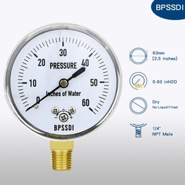 BPSSDI 0-60 Inches of Water Column Gauge, Low Pressure Gauge, Capsule Gauge, 304 Stainless Steel Case, 2.5" Dial Size, 1/4" NPT Lower Mount, Zero Adjustment, for Air Water Gas Pressure Test
