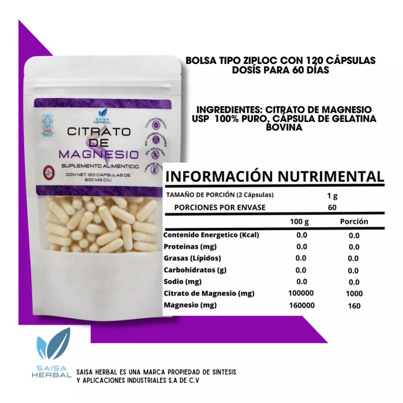 Saisa Herbal Citrato De Magnesio 2 Bolsas Con 120 Cápsulas