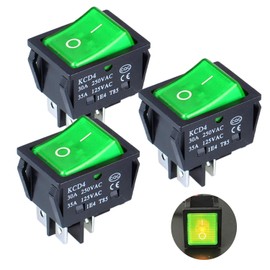 DMWD 3Pcs ON/Off Large Current Rocker Toggle Switch 30A 250VAC/ 35A 125VAC DPST 4Pins Latching Switch Green Light Illuminated Toggle Switch