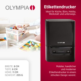 Olympia Eitkettendrucker PM220 Schwarz | Bluetooth Etikettendrucker Selbstklebend für Zuhause und Unterwegs | Tragbarer Thermotransferdrucker für Wasserfeste Etiketten | Mobiler QR Code Label Printer