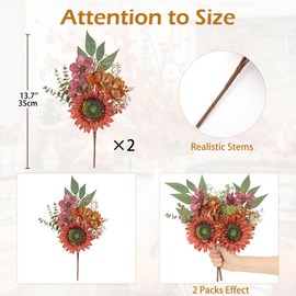 Fall Floral Stems, 2 Bundles Orange Sunflowers Artificial Flowers 13.7 inch Silk Fake Fall Flowers Bouquet Faux Floral Stems Sunflower Centerpieces for Tables Wedding Thanksgiving Autumn Decor