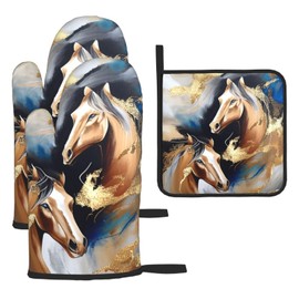 Horse Oven Mitts and Pot Holders Sets of 3 Modern Kitchen Decor Heat Resistant Hot Pads Funny Oven Gloves for Cooking Grilling Baking