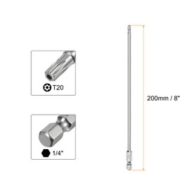 HARFINGTON 1pcs T20 Security Torx Bit 1/4" Hex Shank 8" Long S2 Steel Magnetic Tamper Resistant Star Bits Screwdriver Torx Head with Hole for Driver Drill Bits Remove Fastening Screws