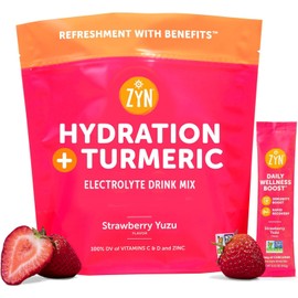 ZYN Electrolytes Powder Hydration Packets with Vitamins, Zinc & Turmeric Curcumin for Gut Health, Immune Support, Low Sugar Electrolyte Drink Mix Packets with Piperine, Strawberry Yuzu, 16 Pack