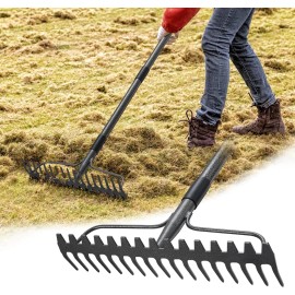 Nicecho Strong DOUBLE Rake W/ 17 tines / 63" long Garden tool for Rocks Leaves yard Lawn