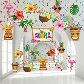 Outus 30 Pieces Hawaiian Luau Birthday Party Hanging Swirl Decorations, Flower Tropical Palm Flamingo Sign Foil Ceiling Decor for Floral Tropical Party Summer Beach Pool Tiki Supplies(Summer) | Outus