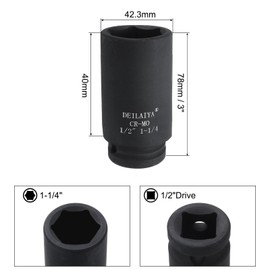 sourcing map 1-1/4 Inch SAE Deep Impact Socket 1/2 Inch Drive 6 Point Design CR-MO Steel Nut Impact Grade Socket for Auto Repair