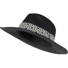 styleBREAKER 04025046 Women's Panama Sun Hat Plain with Fabric Hat Band with Aztec Pattern, Straw Hat, Floppy Hat, Summer Hat, Fedora Hat, Colour: Black