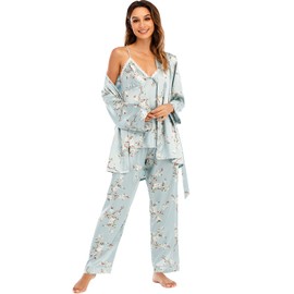 Escalier Women's Silk Satin Pajamas Set 3 Pcs Floral Silky Pj Sets Sleepwear Cami Nightwear with Robe and Pants (Blue Floral, Large)
