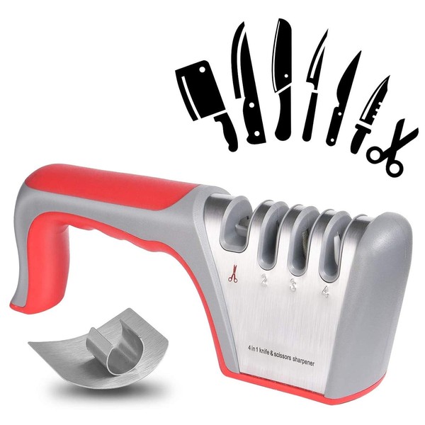 flintronic Knife Sharpener, 4 Levels Manual Knife Sharpener, Knife Sharpener with 1 x Finger Guard, Tungsten Steel for Coarse Grinding, Diamond for Medium Fine Cutting and Special Ceramic for Fine
