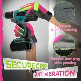 HANDLANDY Anti Vibration Gloves Hi-vis Reflective Safety Work Gloves for Women, Non-Slip Touch Screen Gloves, Breathable Flexible Garden Gloves (Hi-vis Pink, L)