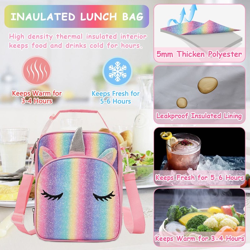 VASCHY Unicorn Lunch Box Bag for Kids, Insulated Reusable Glittery