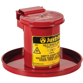Justrite 0.45 Gallon Galvanized Steel Mini Countertop Oily Waste Can, 10.5" x 7" Metal Oil Rag Safety Can with Hand Operated Self-Closing Lid for Oily Rag Disposal, Made in The USA, Red, 09400