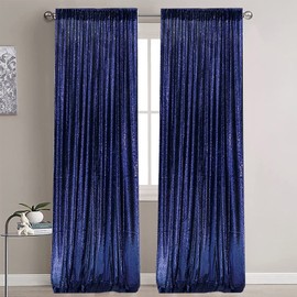 WISPET Navy Blue Sequin Backdrop Curtains 2 Panels 2FTx8FT Glitter Navy Blue Drapes Photo Backdrop Party Wedding Baby Shower Backdrops Sparkle Photography Background Curtains