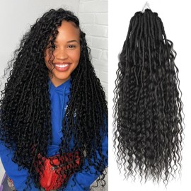 Boho Faux Locs With Curly Human Hair Curls Pre-Looped Crochet Goddess Faux Locs Bohemian Locs Crochet Hair For Black Women (1B, 28 Inch)
