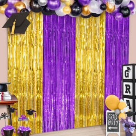 KatchOn, Purple and Gold Fringe Backdrop - 3.25 x 6.5 Feet, Pack of 2 | Purple and Gold Foil Fringe Curtain, Graduation Decorations 2025 | Grad Backdrop, 2025 Graduation Party Decorations