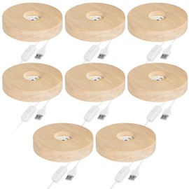 Tideme 8 PCS Wooden LED Light Bases - 3.9 Inch Diameter, 0.8 Inch Height, USB Powered, 3 Lighting Modes, Crystal Display Stand for Home Decor, Crafts, Art Glass