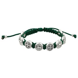 Woven Bracelet with 10 Saint Benedict Medals | Hunter Green Cord and Silver Tone Metal Beads | Patron Saint of Students and Europe | Great Catholic Gift for First Holy Communion and Confirmation