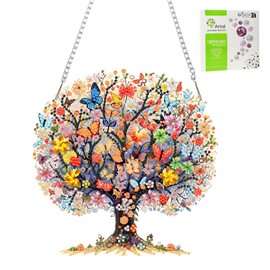 Qukle Tree of Life Hanging Diamond Painting Kits Pendant, Special Shaped Crystal DIY Butterfly Diamond Art Hanging Sign Gem Painting Window Door Ornament, Box Package