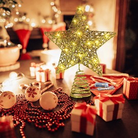 Christmas Star Tree Topper, Warm Star Lighted Xmas Tree Toppers Glittered Star-shaped Metal Treetop Snowflake Decorations Projector for Indoor Outdoor Christma Tree